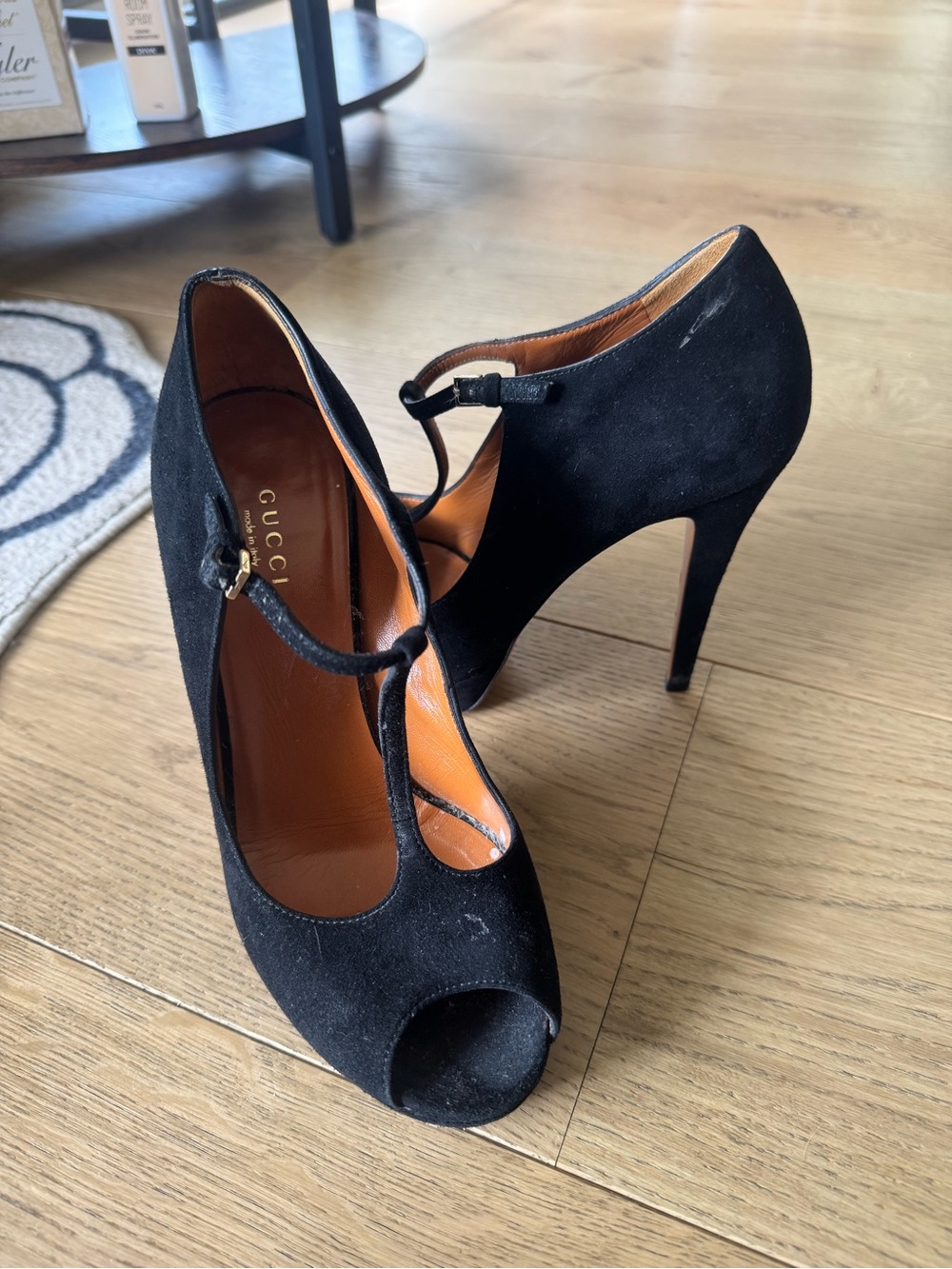 Gucci Black Suede Peep-Toe T-Strap High Heels
